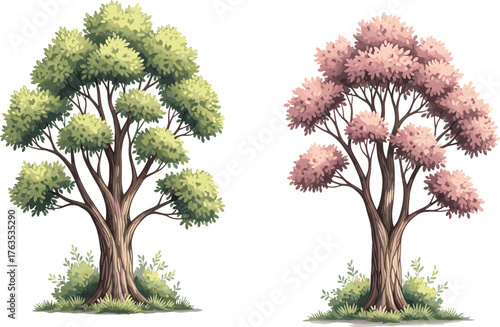 Green tree illustration, pink tree artwork, colorful foliage design, botanical drawing, seasonal