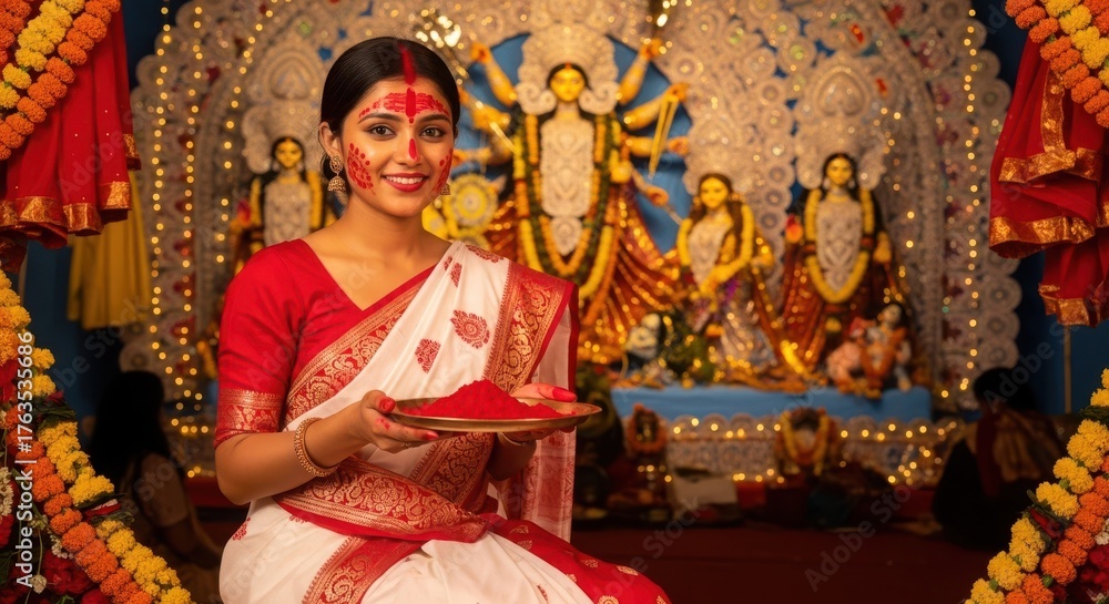 Fototapeta premium Durga Puja Celebration Woman with Red Powder Plate