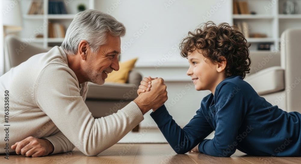 Obraz premium Grandfather and grandson enjoy a friendly arm wrestling match in a cozy living room during the afternoon