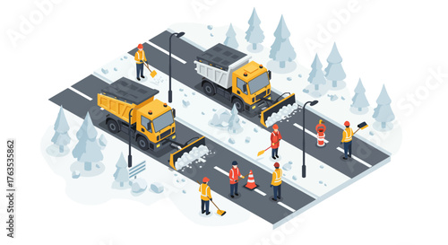Snow removal operation in isometric winter scene with road and workers