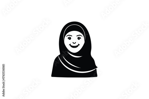 Simple black and white illustration of a smiling woman wearing a hijab
