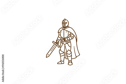 A vintage illustration of a knight in armor holding a sword