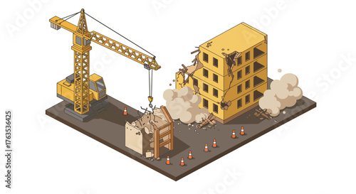 Urban demolition scene with crane and building debris in isometric style