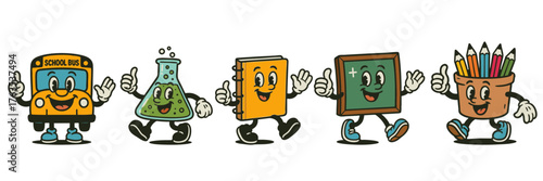 Vintage school education mascots — retro cartoon characters of school bus, science beaker, pencils and chalkboard