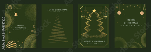 Elegant Merry Christmas and Happy New Year greeting card vector set with gold line art decorations, green background, holiday frames for celebration	
