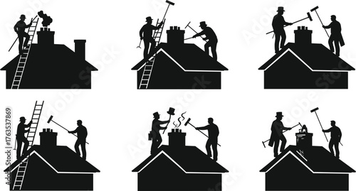 Silhouette vector illustration of chimney sweeps cleaning rooftops with ladders, brushes, shovels, smoke, teamwork, safety, maintenance, repair, tradition, and industry