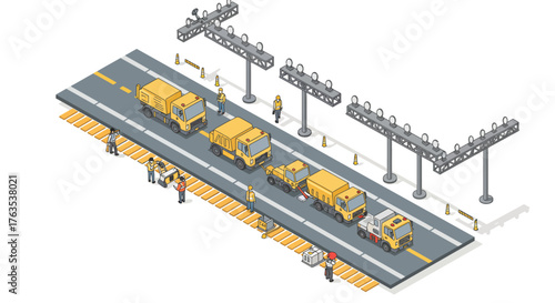 Isometric road construction scene with workers and vehicles in action