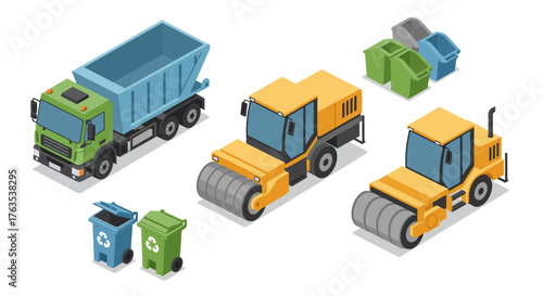 Isometric construction and recycling vehicles set featuring dump truck and ro…