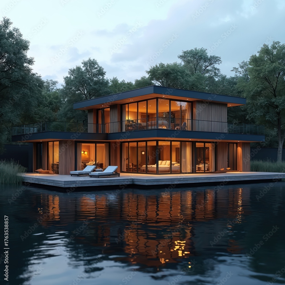 Obraz premium Modern house stands on tranquil lake at twilight. Luxury home large glass windows, wood facade, spacious deck. Warm interior lights glow, reflecting in calm water. Nature surrounds peaceful