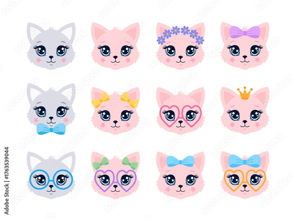 Fototapeta premium Set of cute kawaii kitten heads: grey and pink cartoon cats with glasses, bows, crown, and flower wreath