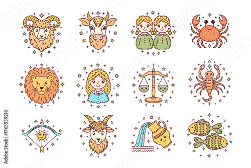 Zodiac signs in doodle style for kids projects.