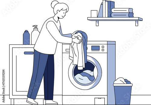 Woman Doing Laundry Chores: Washing Machine, Domestic Life and Routine