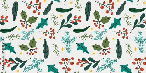 Winter seamless pattern with branches, leaves, pine branch, fir, mistletoe in retro flat style. Bright cozy nature background for Christmas theme, fabric, print, textile, wrapping paper, wallpaper