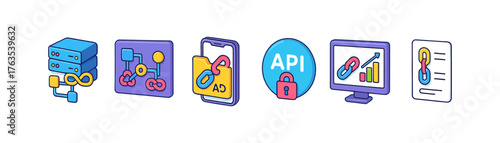 Api development icon set. Programming, code, security flat icons for developers