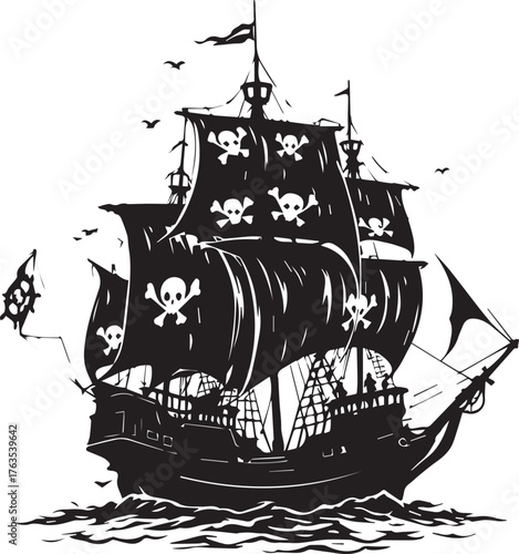 Black and white line art of pirate ship with skull sails, flags, birds, and ocean waves in dramatic style