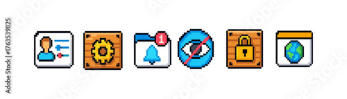 Web and security pixel icon set. Privacy, internet safety icons in pixel art style