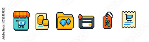 Retro, pixel art e-commerce icon set. Shopping, online store, payment pixel icons