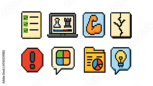 Pixel art business icons collection: outline style for digital creativity