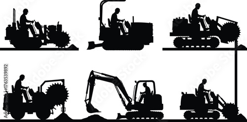 Silhouette vector illustration of construction vehicles and workers operating excavators, bulldozers, trenchers for digging, earthmoving, heavy machinery, labor, and industry