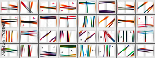 Grid displays abstract colorful designs. Shapes overlap, creating dynamic visual patterns. Letters appear within some compositions.