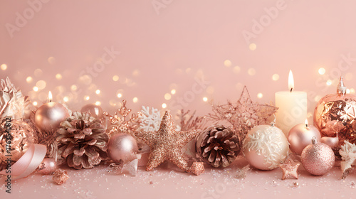 Elegant rose gold Christmas background with festive decorations
