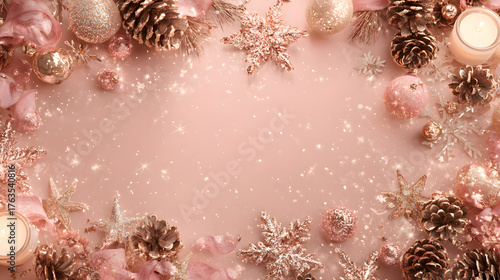 Elegant rose gold Christmas background with festive decorations