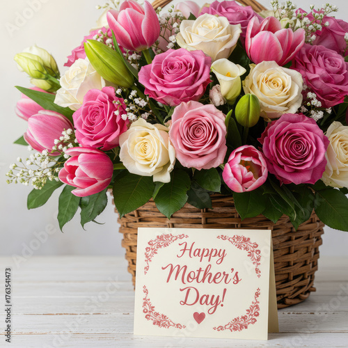 A bouquet featuring pink peonies, white hydrangeas, yellow daffodils, and a mother's day card