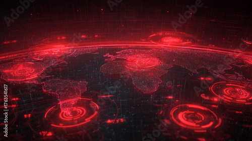AI-generated image - Futuristic red digital world map showing global cyber attack and data breach visualization.