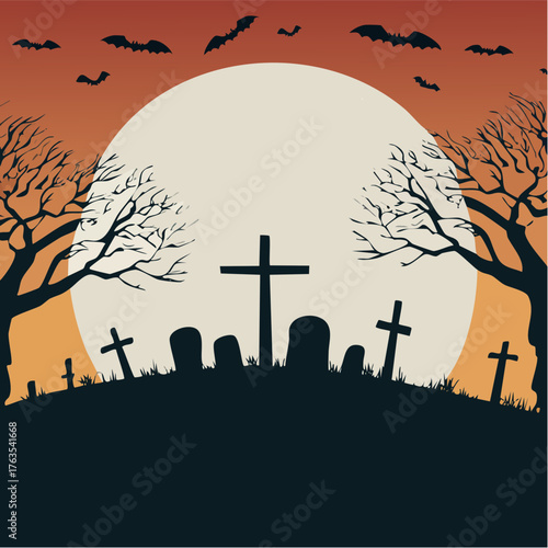 High-quality vector art of a haunted cemetery scene for a Mock up Halloween. Banner and Poster.