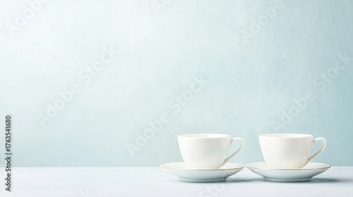 Wallpaper Mural Two white cups with saucers on a minimalistic table against a soft pastel backdrop in a serene setting Torontodigital.ca
