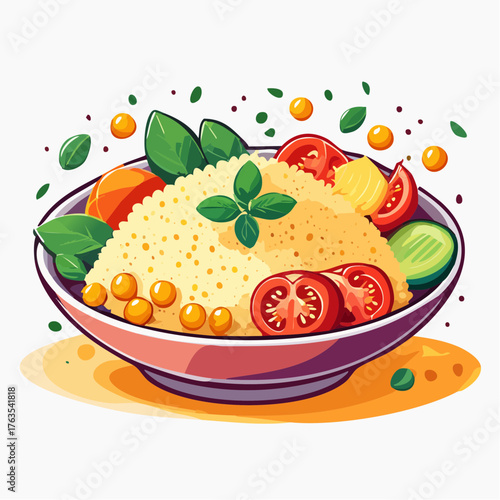Minimal flat vector of Moroccan food plate with couscous, vegetables, and chickpeas,