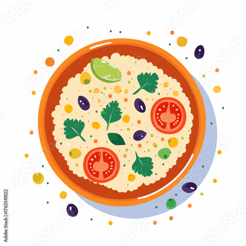 Minimal flat vector of Moroccan food plate with couscous, vegetables, and chickpeas.