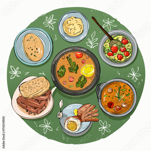 Vector illustration of Middle Eastern halal cuisine dishes in colorful hand-drawn style