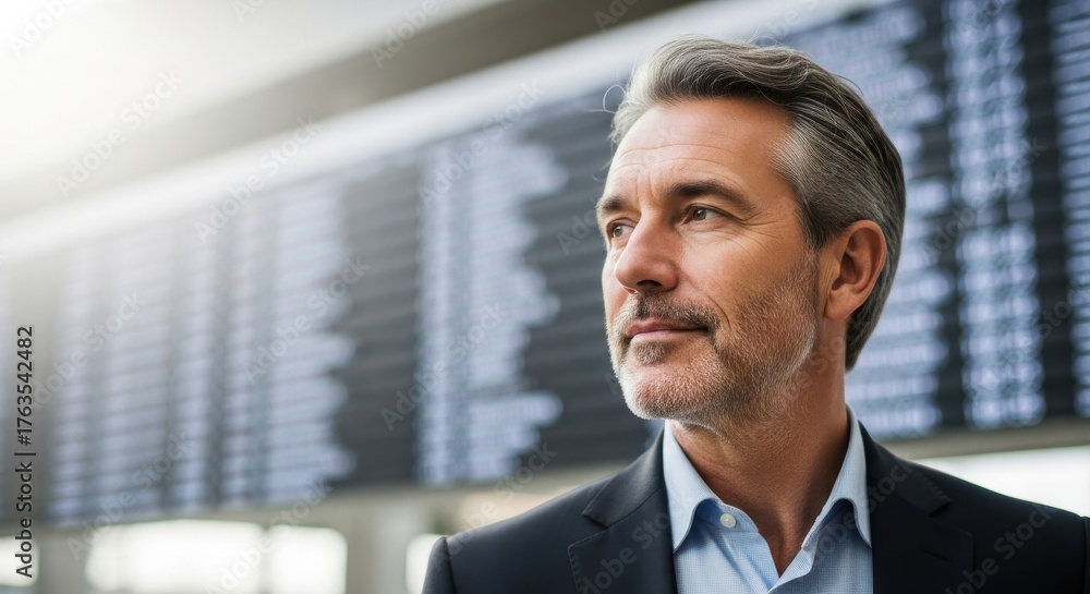 © vadosloginov - Man in a suit looking thoughtfully at flight information display in a busy airport terminal during the day © vadosloginov - Man in a suit looking thoughtfully at flight information display in a busy airport terminal during the day