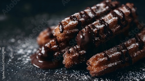 Close up of freshly fried churros drizzled with chocolate and dusted with sugar