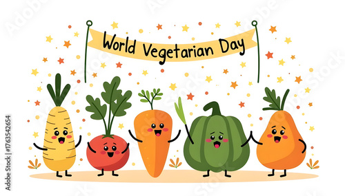 World vegetarian day background. Happy world vegetarian day celebration. October 1. World vegan day background. Vector illustration. Poster, Banner, Flyer, Greeting Card, Post, Template. vegetables.