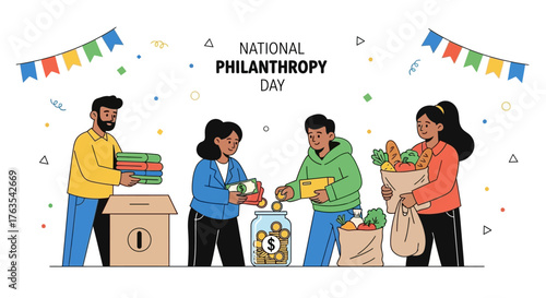 National Philanthropy Day People Giving Donations and Sharing to Help Others