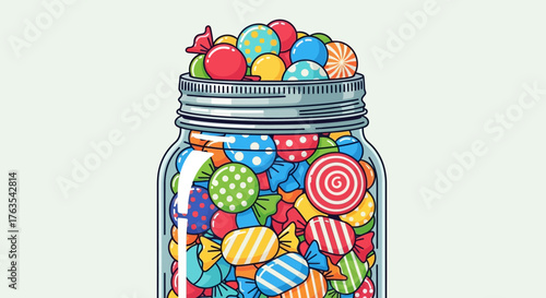 A close-up of a glass jar filled with colorful candies, including lollipops and wrapped sweets, against a plain white background