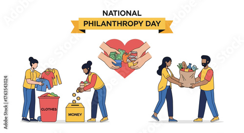 A community of diverse volunteers working together to collect donations of food, money, and clothing for a charitable cause