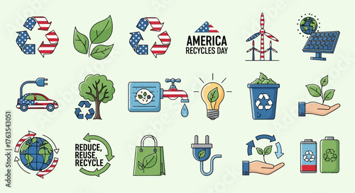 Eco-Friendly Icons Set Recycling, Renewable Energy, and Sustainable Living Elements
