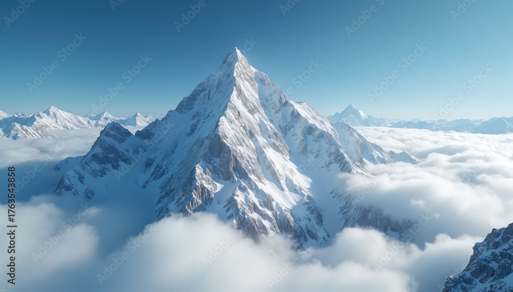 Fototapeta premium Majestic snow-capped mountain peak emerges from clouds under clear blue sky. Vast winter landscape stretches with white summits. High altitude panorama invites exploration.