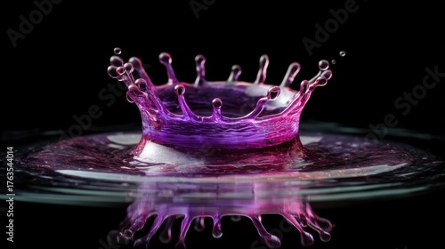 Captivating purple water splash in a crown shape against a black backdrop macro shot with reflection and movement