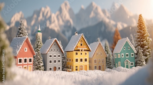 Colorful winter village scene with snowy houses trees and mountains in a charming and picturesque landscape scenic mountain