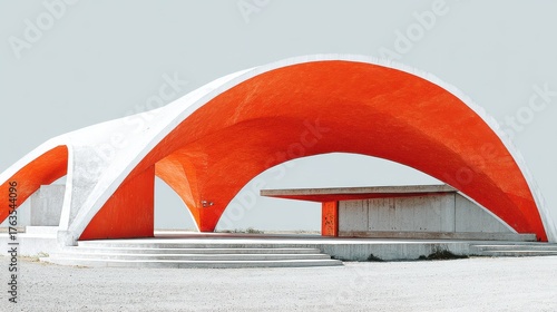 Architectural wonder modern stage building in bright red and white concrete with sky background showcasing minimalist design