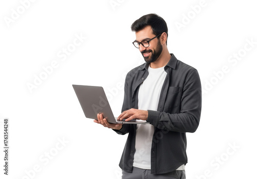 Man glasses beard a laptop isolated on transparent background