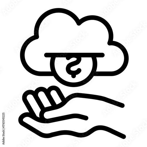 Cloud with coin machine and hand line icon, money payout concept. Vector graphics. Hand with currency cloud, finance sign on white background, style icon mobile or web design.