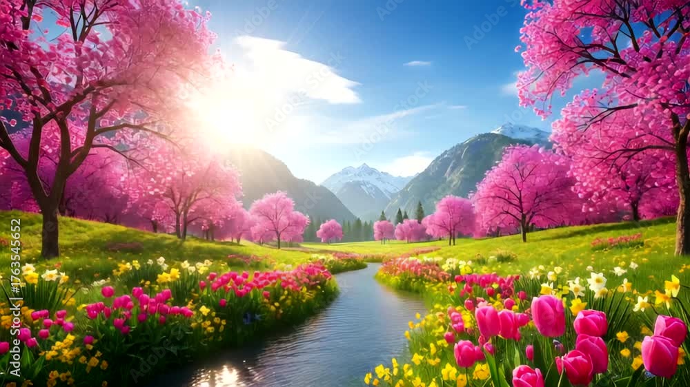 Vibrant spring landscape with blooming cherry trees and colorful ...