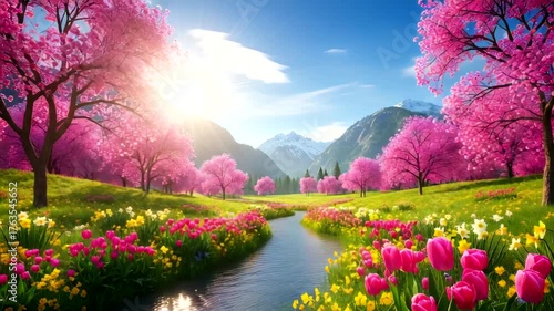 Vibrant spring landscape with blooming cherry trees and colorful flowers