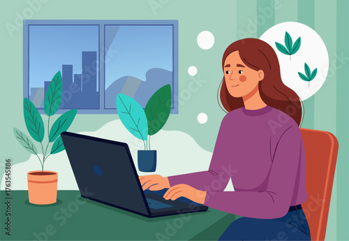 Woman Working Remotely on Laptop in Modern Home Office Illustration