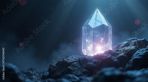 Fototapeta Naklejka Na Ścianę i Meble -  A 3D render of a glowing crystal or gemstone embedded in the cracks of a rock.